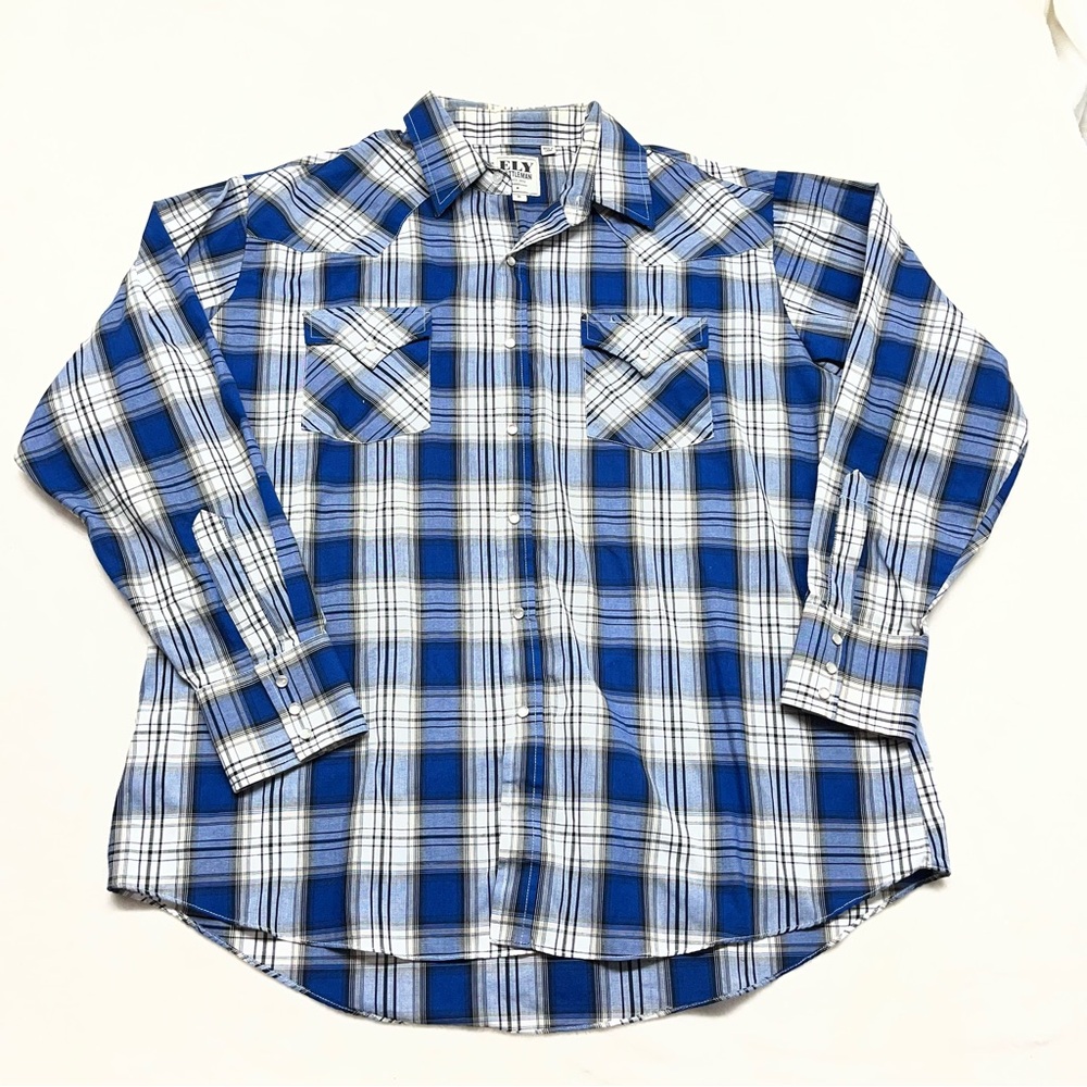 Ely Cattleman Western Style Blue Plaid Men's Shirt Pearl Button Sz XL